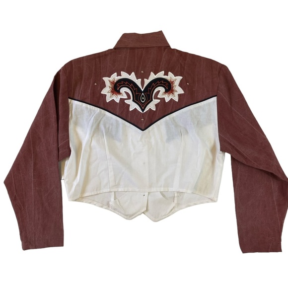 Vintage Wildfire Rust Red & White Buttondown Crop Cowgirl Western Top Blouse - Picture 5 of 11